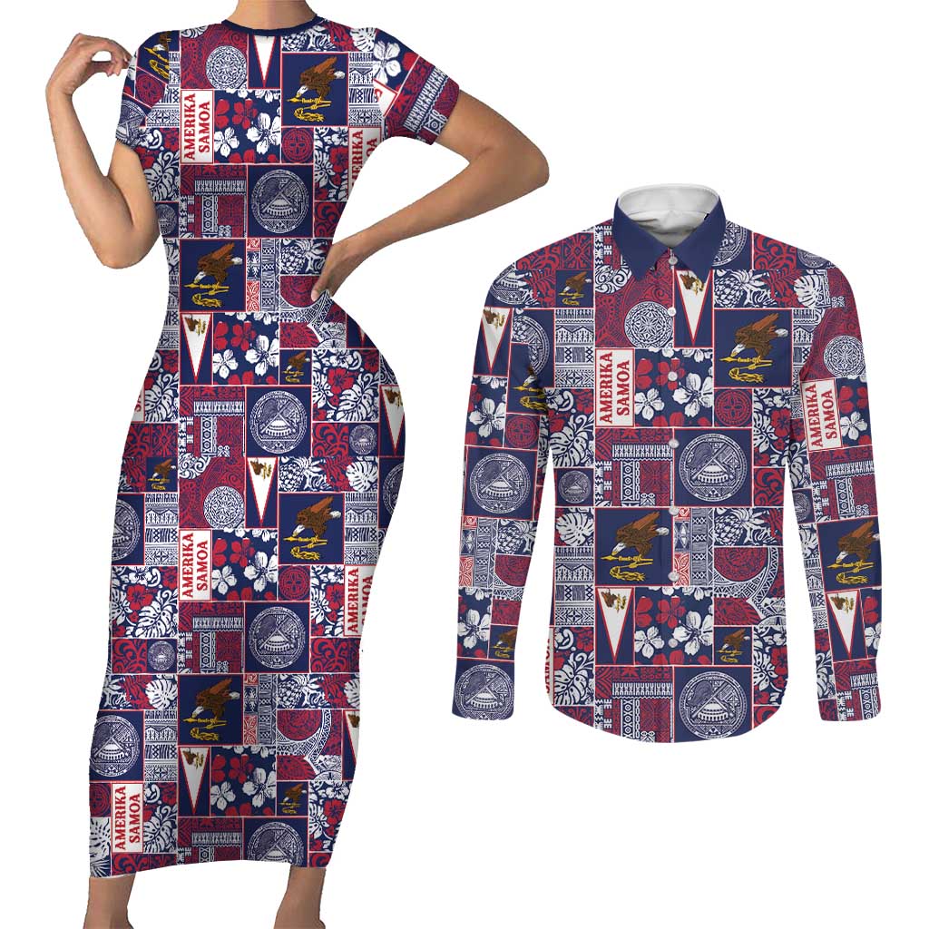 Manuia le Kerisimasi American Samoa Couples Matching Short Sleeve Bodycon Dress and Long Sleeve Button Shirt Pacific Patchwork Xmas Vibes LT9 Blue - Polynesian Pride