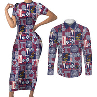 Manuia le Kerisimasi American Samoa Couples Matching Short Sleeve Bodycon Dress and Long Sleeve Button Shirt Pacific Patchwork Xmas Vibes LT9 Blue - Polynesian Pride
