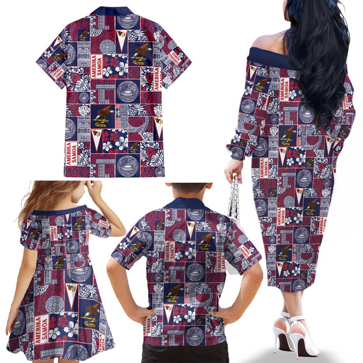 Manuia le Kerisimasi American Samoa Family Matching Off The Shoulder Long Sleeve Dress and Hawaiian Shirt Pacific Patchwork Xmas Vibes - Polynesian Pride