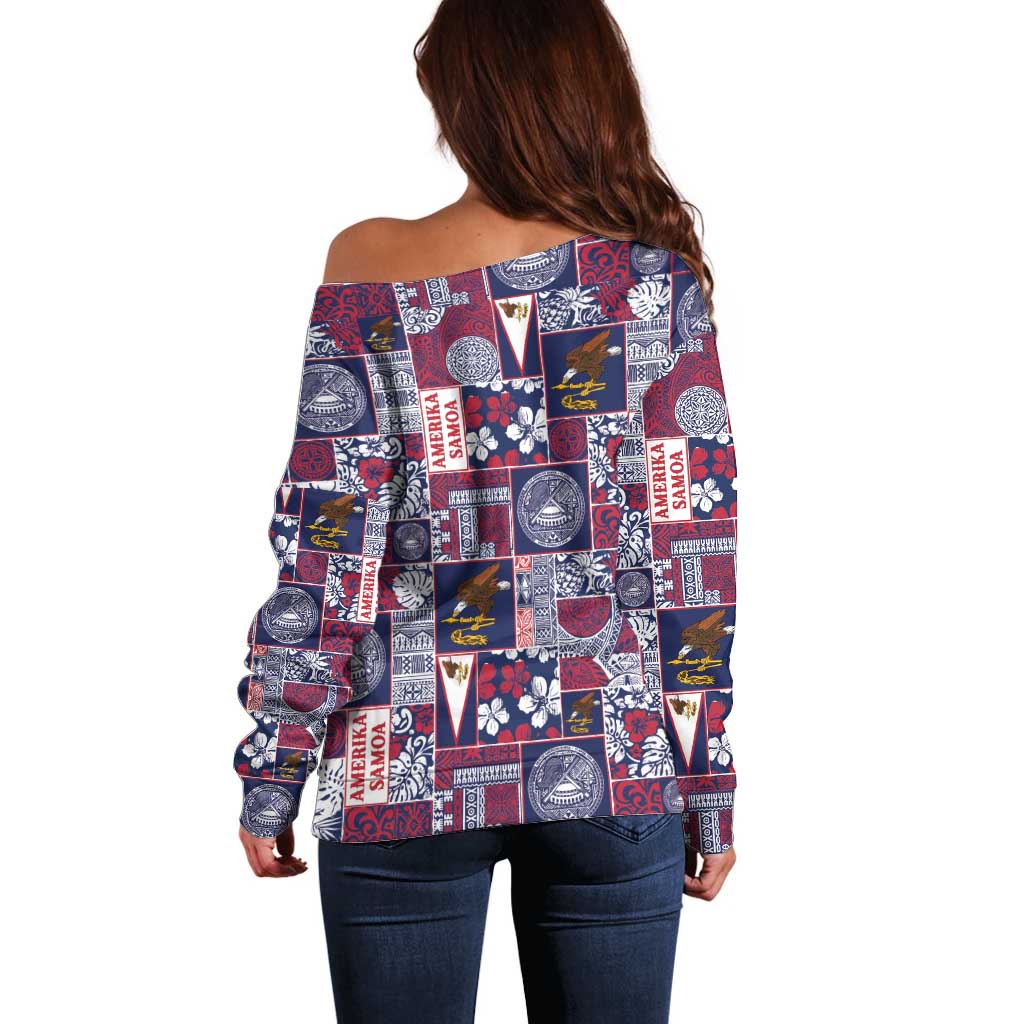 Manuia le Kerisimasi American Samoa Off Shoulder Sweater Pacific Patchwork Xmas Vibes - Polynesian Pride