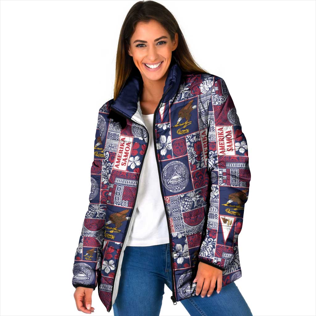 Manuia le Kerisimasi American Samoa Padded Jacket Pacific Patchwork Xmas Vibes LT9 Women Blue - Polynesian Pride