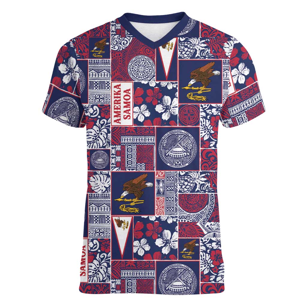 Manuia le Kerisimasi American Samoa Women V-Neck T-Shirt Pacific Patchwork Xmas Vibes - Polynesian Pride