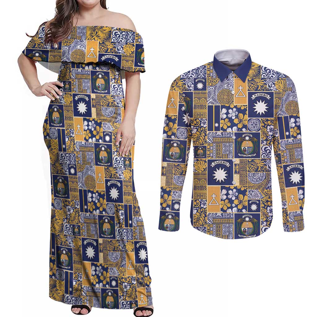 Ekamawir omo Nauru Couples Matching Off Shoulder Maxi Dress and Long Sleeve Button Shirt Pacific Patchwork Xmas Vibes - Polynesian Pride