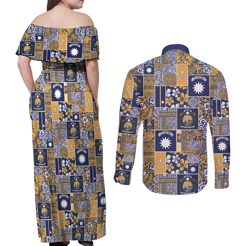 Ekamawir omo Nauru Couples Matching Off Shoulder Maxi Dress and Long Sleeve Button Shirt Pacific Patchwork Xmas Vibes - Polynesian Pride