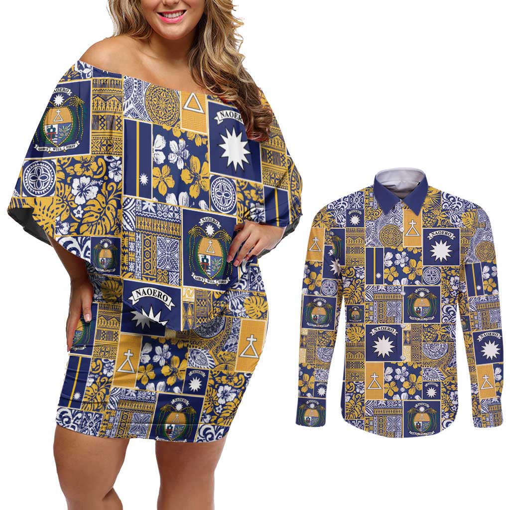 Ekamawir omo Nauru Couples Matching Off Shoulder Short Dress and Long Sleeve Button Shirt Pacific Patchwork Xmas Vibes - Polynesian Pride