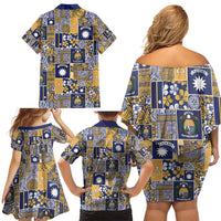 Ekamawir omo Nauru Family Matching Off Shoulder Short Dress and Hawaiian Shirt Pacific Patchwork Xmas Vibes - Polynesian Pride