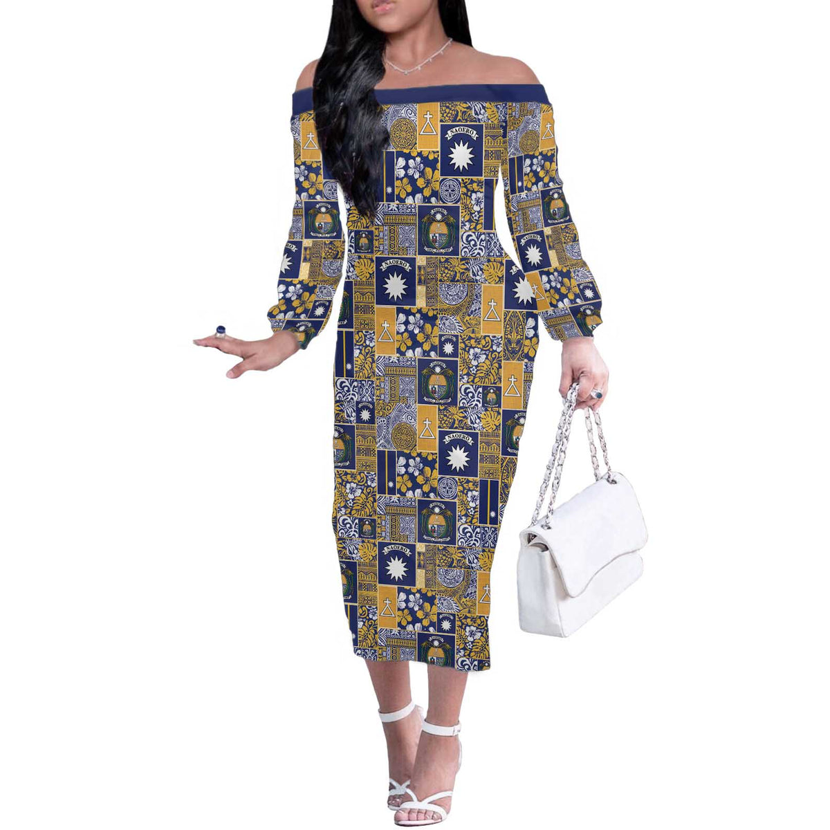 Ekamawir omo Nauru Off The Shoulder Long Sleeve Dress Pacific Patchwork Xmas Vibes - Polynesian Pride