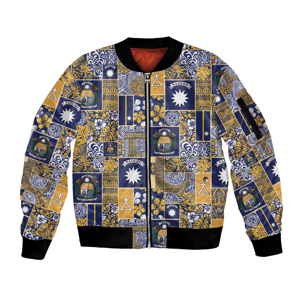Ekamawir omo Nauru Sleeve Zip Bomber Jacket Pacific Patchwork Xmas Vibes - Polynesian Pride