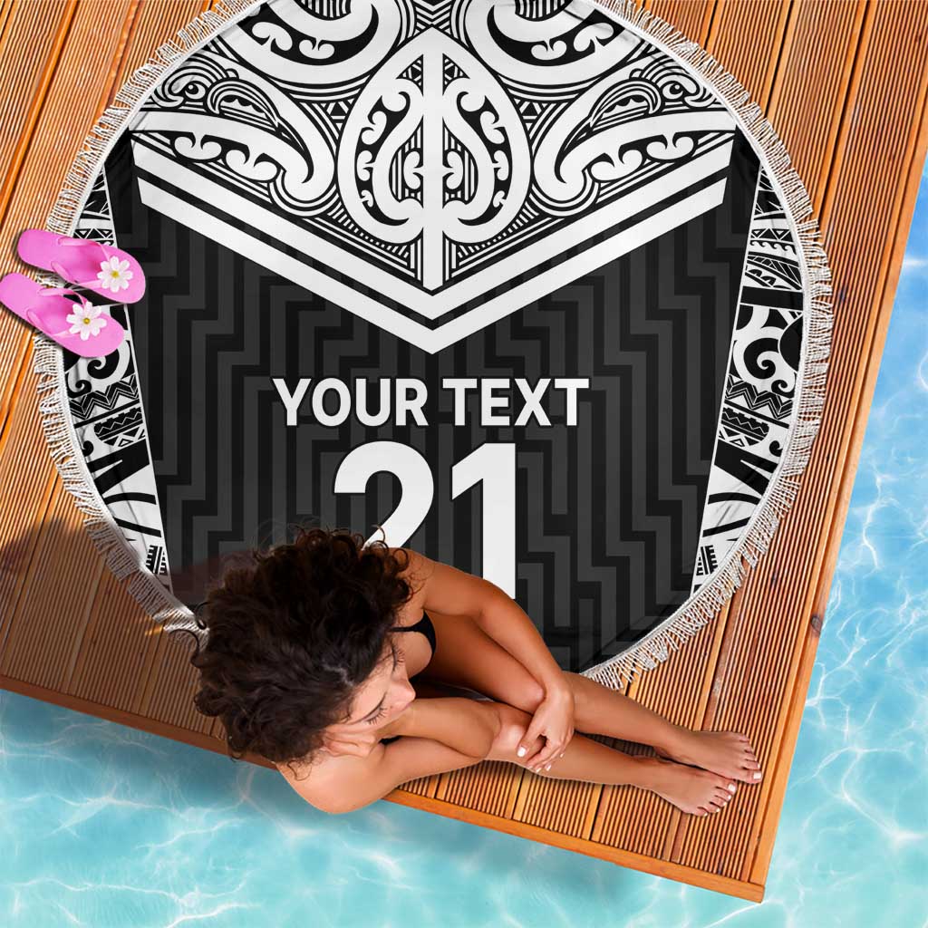 New Zealand Black Fern Custom Beach Blanket Maori Tukutuku Black-white Motif