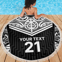 New Zealand Black Fern Custom Beach Blanket Maori Tukutuku Black-white Motif