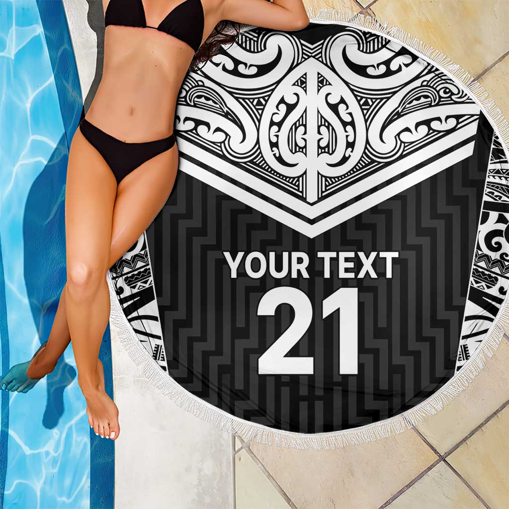 New Zealand Black Fern Custom Beach Blanket Maori Tukutuku Black-white Motif