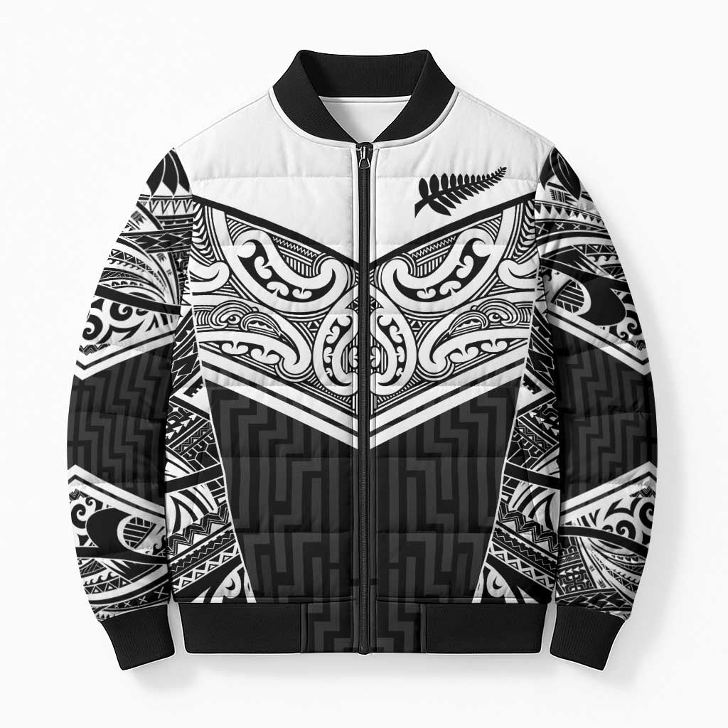 New Zealand Black Fern Custom Bomber Puffer Jacket Maori Tukutuku Black-white Motif - Polynesian Pride