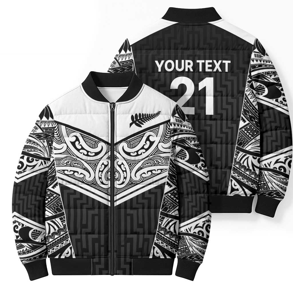 New Zealand Black Fern Custom Bomber Puffer Jacket Maori Tukutuku Black-white Motif - Polynesian Pride
