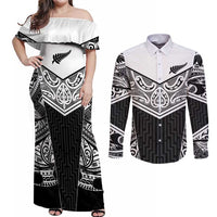 New Zealand Black Fern Custom Couples Matching Off Shoulder Maxi Dress and Long Sleeve Button Shirt Maori Tukutuku Black-white Motif