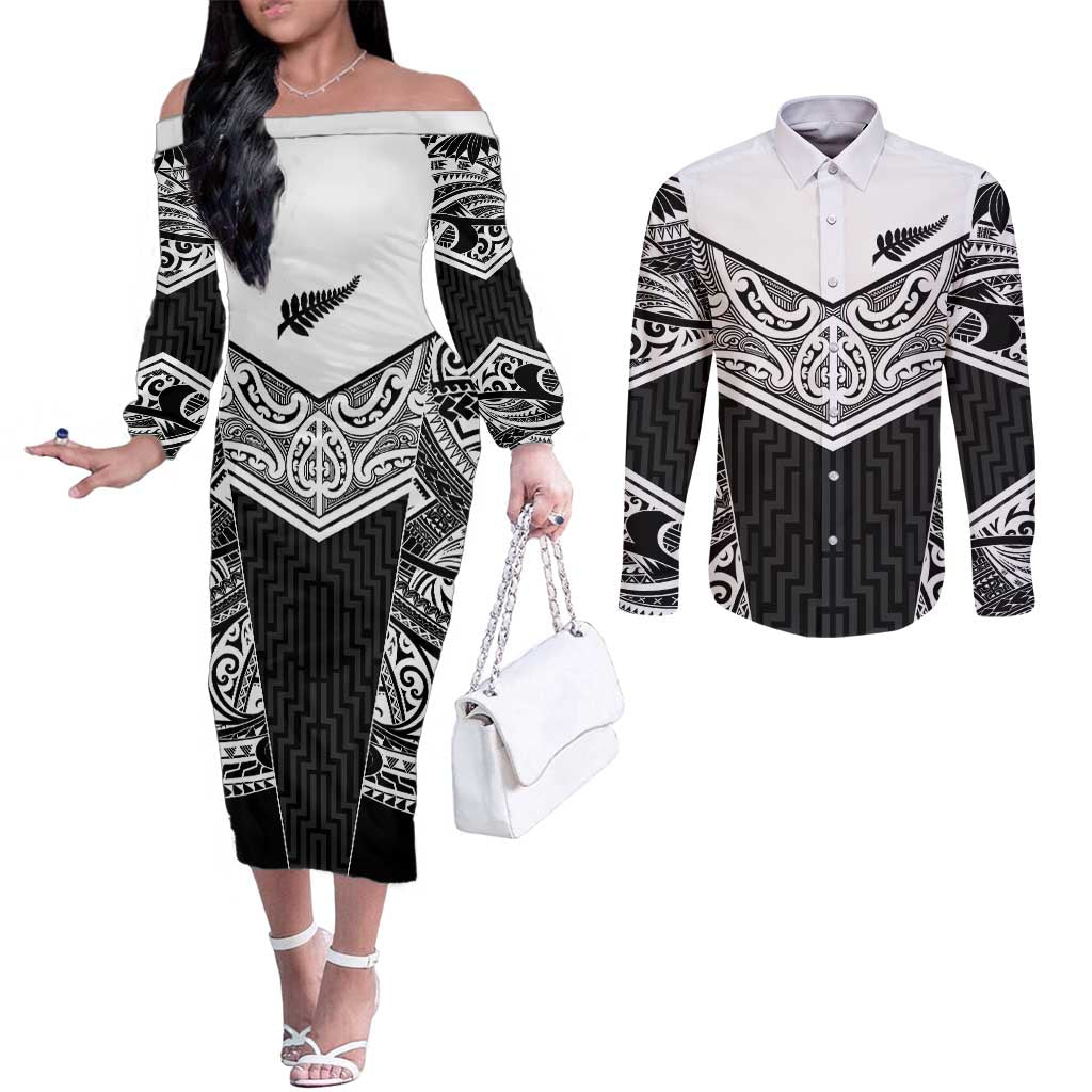 New Zealand Black Fern Custom Couples Matching Off The Shoulder Long Sleeve Dress and Long Sleeve Button Shirt Maori Tukutuku Black-white Motif