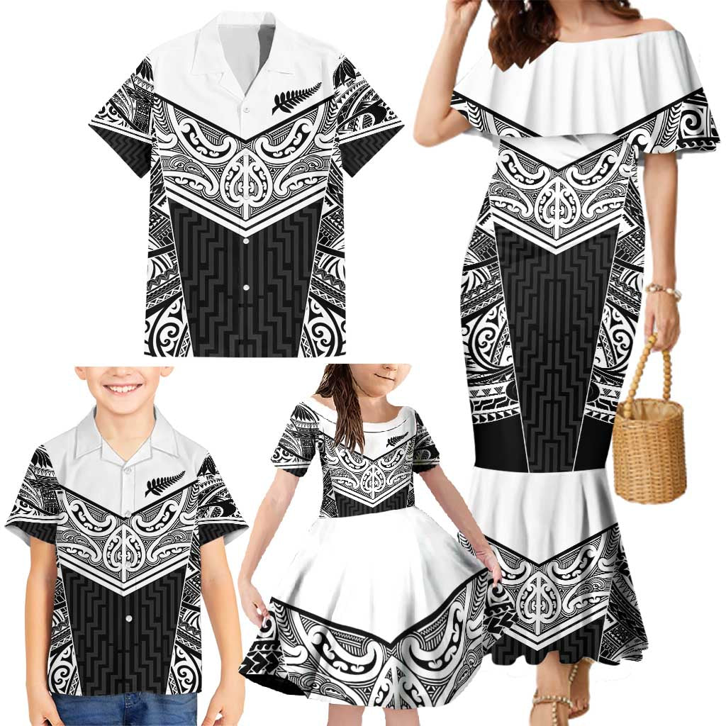 New Zealand Black Fern Custom Family Matching Mermaid Dress and Hawaiian Shirt Maori Tukutuku Black-white Motif