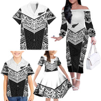 New Zealand Black Fern Custom Family Matching Off The Shoulder Long Sleeve Dress and Hawaiian Shirt Maori Tukutuku Black-white Motif