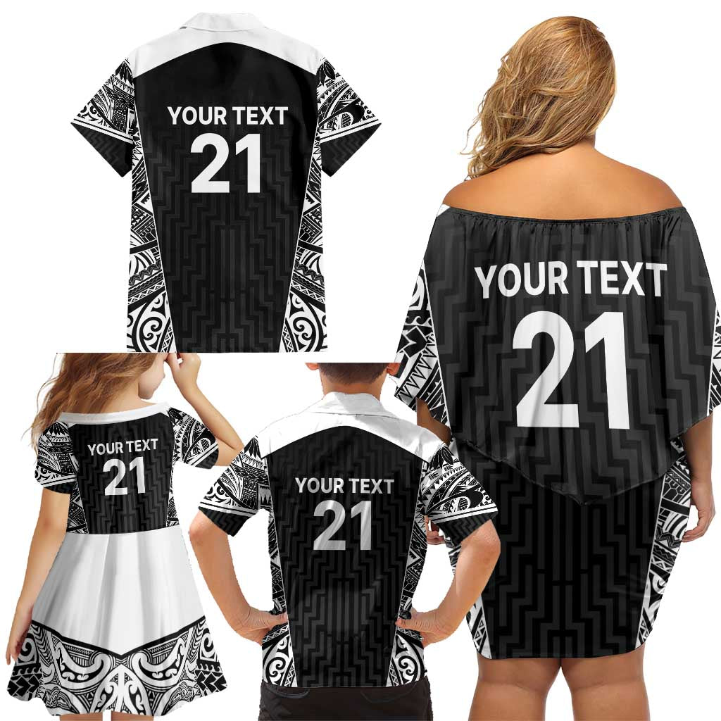 New Zealand Black Fern Custom Family Matching Off Shoulder Short Dress and Hawaiian Shirt Maori Tukutuku Black-white Motif