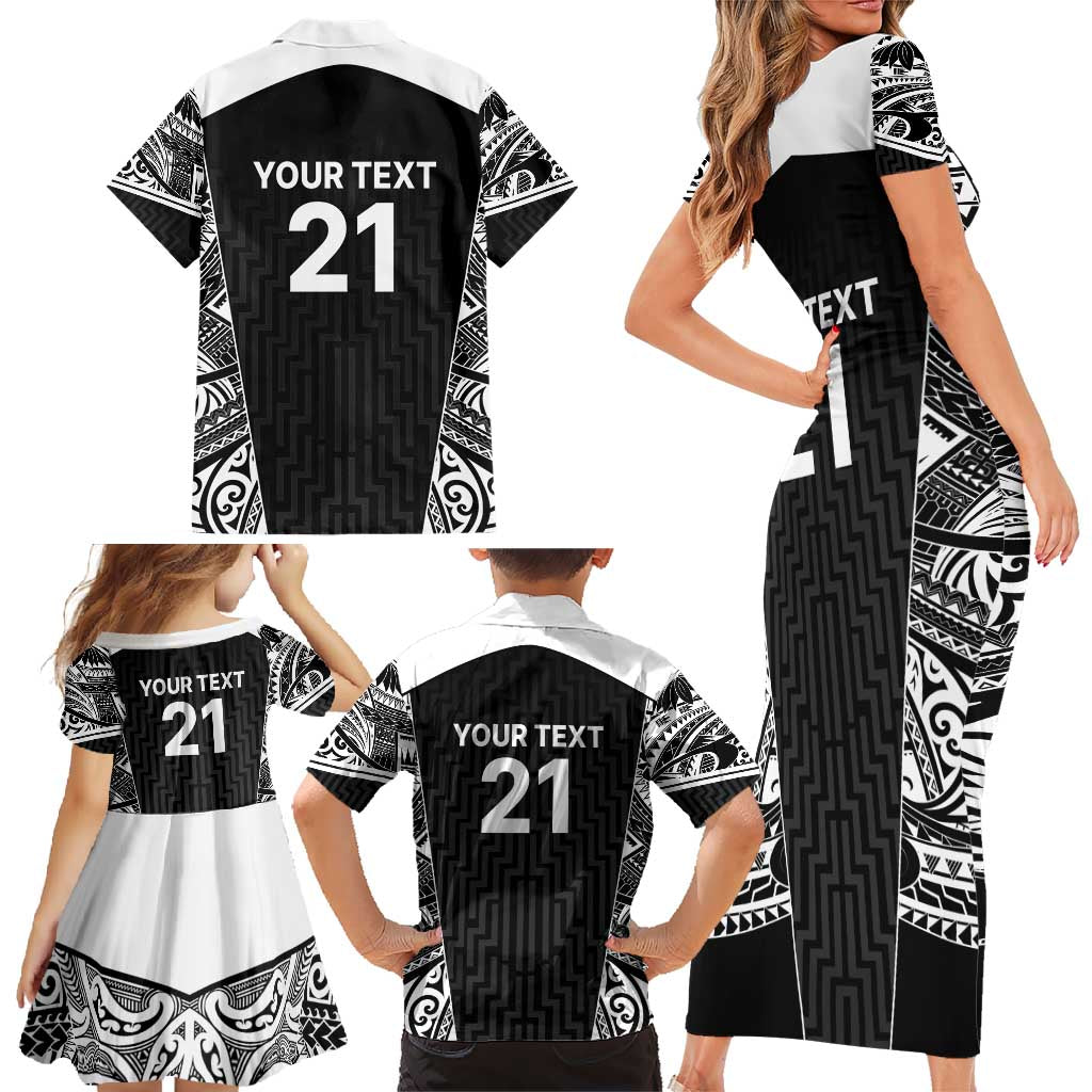 New Zealand Black Fern Custom Family Matching Short Sleeve Bodycon Dress and Hawaiian Shirt Maori Tukutuku Black-white Motif
