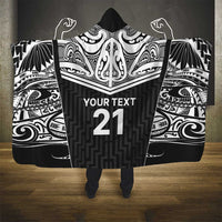 New Zealand Black Fern Custom Hooded Blanket Maori Tukutuku Black-white Motif