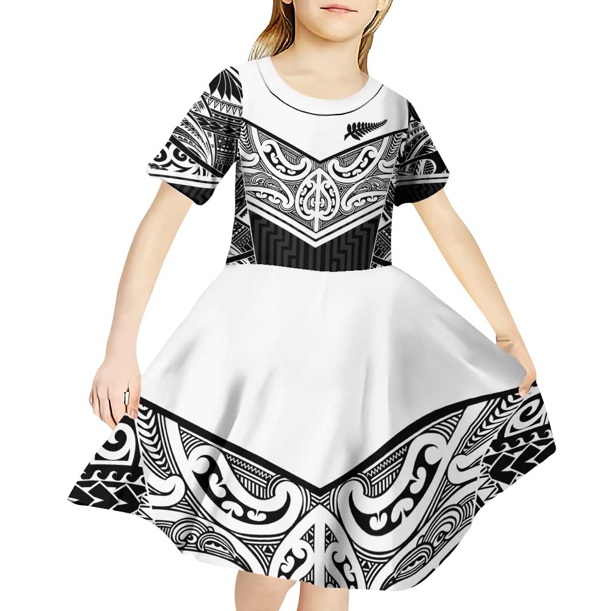 New Zealand Black Fern Custom Kid Short Sleeve Dress Maori Tukutuku Black-white Motif