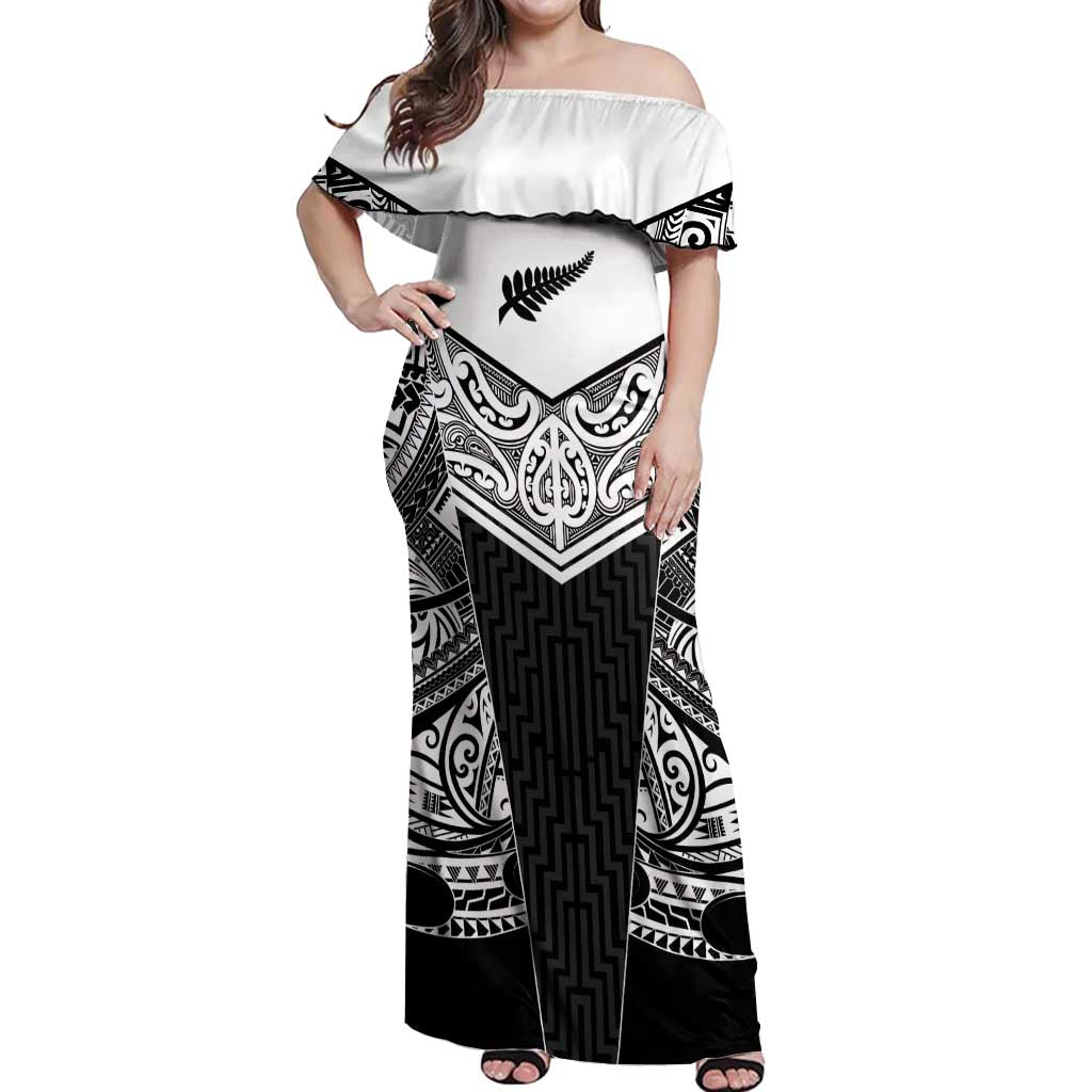New Zealand Black Fern Custom Off Shoulder Maxi Dress Maori Tukutuku Black-white Motif