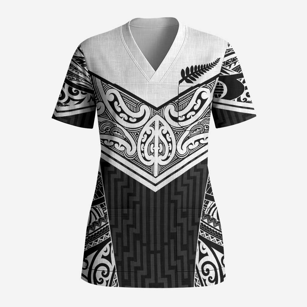 New Zealand Black Fern Custom Scrub Top Maori Tukutuku Black-white Motif - Polynesian Pride