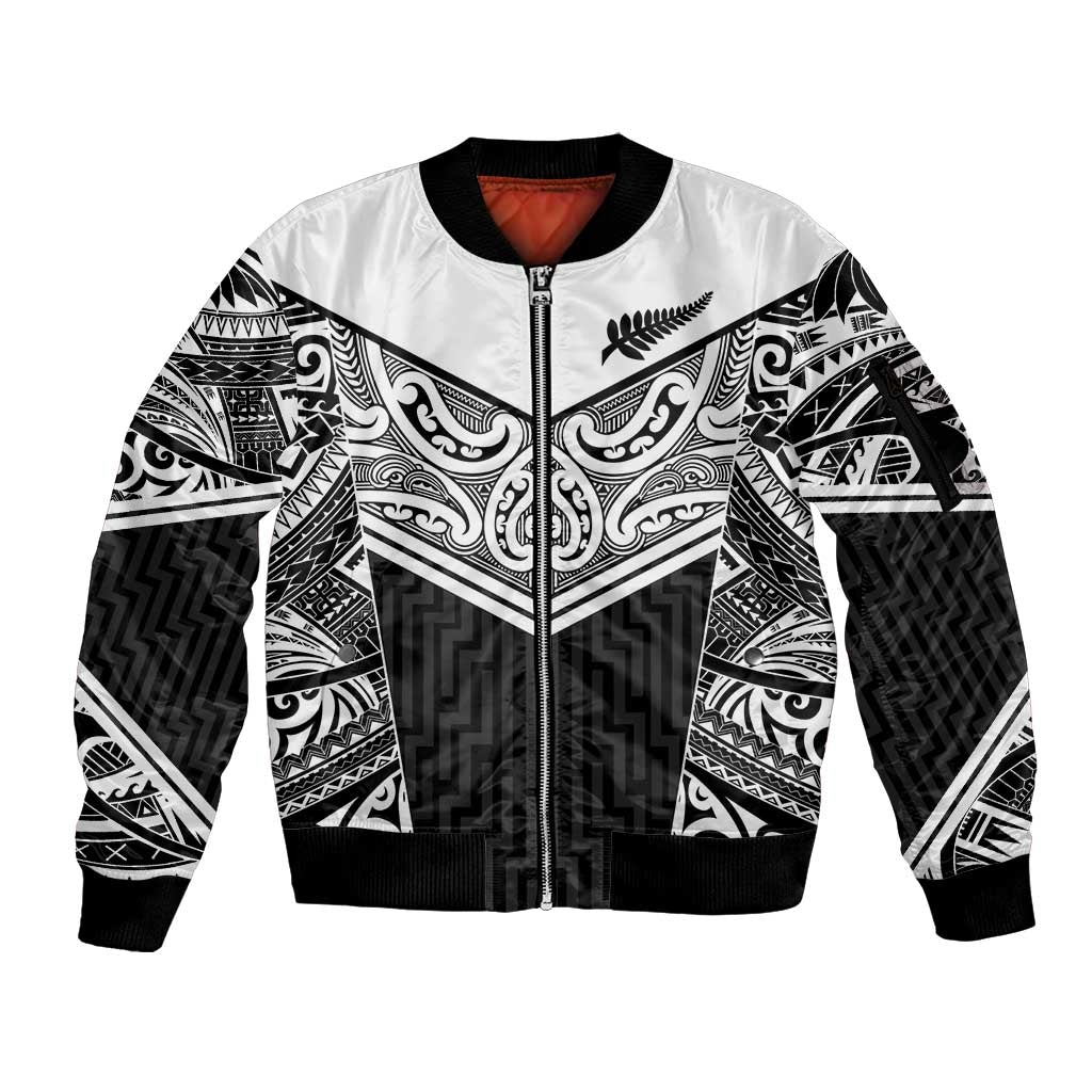 New Zealand Black Fern Custom Sleeve Zip Bomber Jacket Maori Tukutuku Black-white Motif