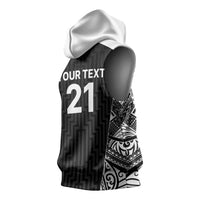 New Zealand Black Fern Custom Sleeveless Hoodie Maori Tukutuku Black-white Motif - Polynesian Pride