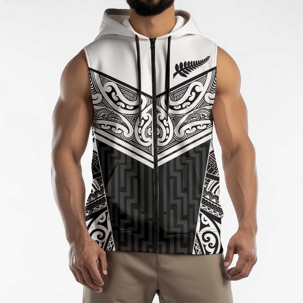 New Zealand Black Fern Custom Sleeveless Zip Hoodie Maori Tukutuku Black-white Motif LT9 - Polynesian Pride
