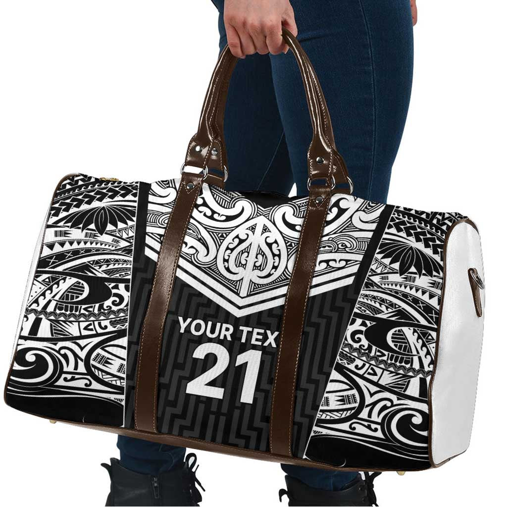 New Zealand Black Fern Custom Travel Bag Maori Tukutuku Black-white Motif - Polynesian Pride
