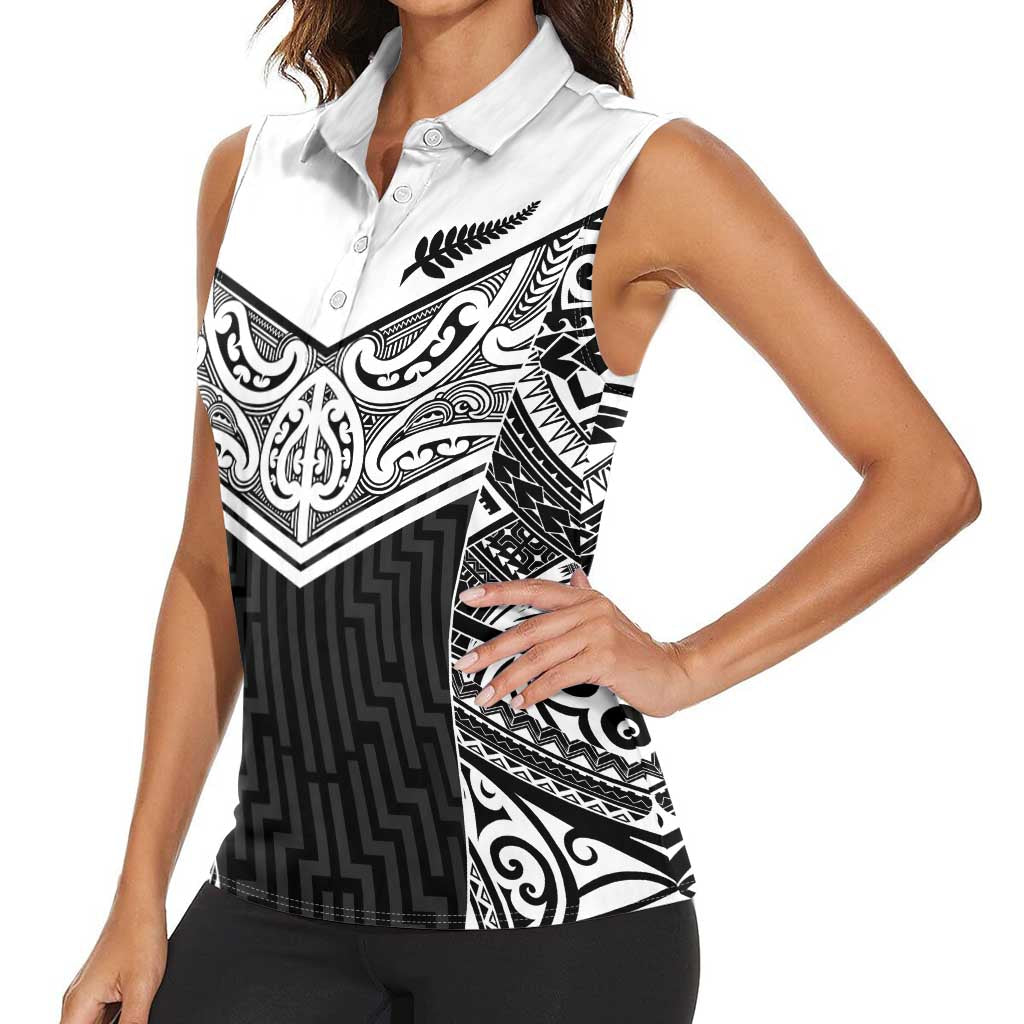 New Zealand Black Fern Custom Women Sleeveless Polo Shirt Maori Tukutuku Black-white Motif