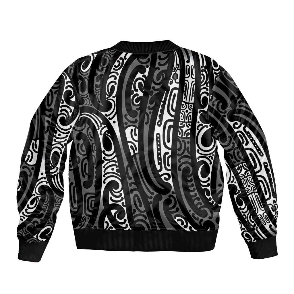 New Zealand Maori Taniko Bomber Jacket Black Kowhaiwhai Puhoro