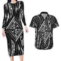 New Zealand Maori Taniko Couples Matching Long Sleeve Bodycon Dress and Hawaiian Shirt Black Kowhaiwhai Puhoro