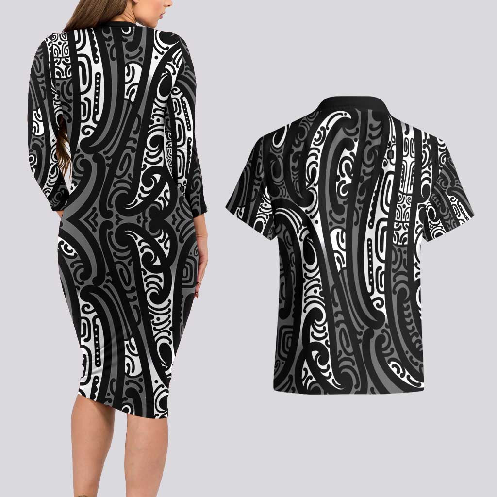 New Zealand Maori Taniko Couples Matching Long Sleeve Bodycon Dress and Hawaiian Shirt Black Kowhaiwhai Puhoro