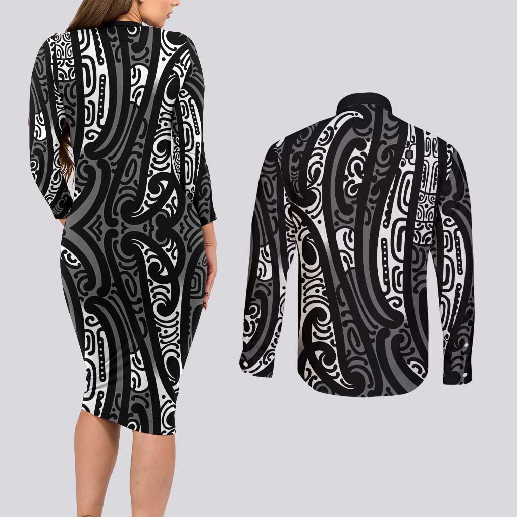 New Zealand Maori Taniko Couples Matching Long Sleeve Bodycon Dress and Long Sleeve Button Shirt Black Kowhaiwhai Puhoro