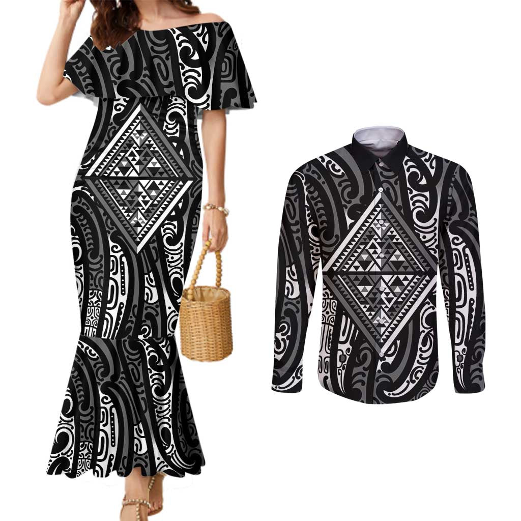 New Zealand Maori Taniko Couples Matching Mermaid Dress and Long Sleeve Button Shirt Black Kowhaiwhai Puhoro