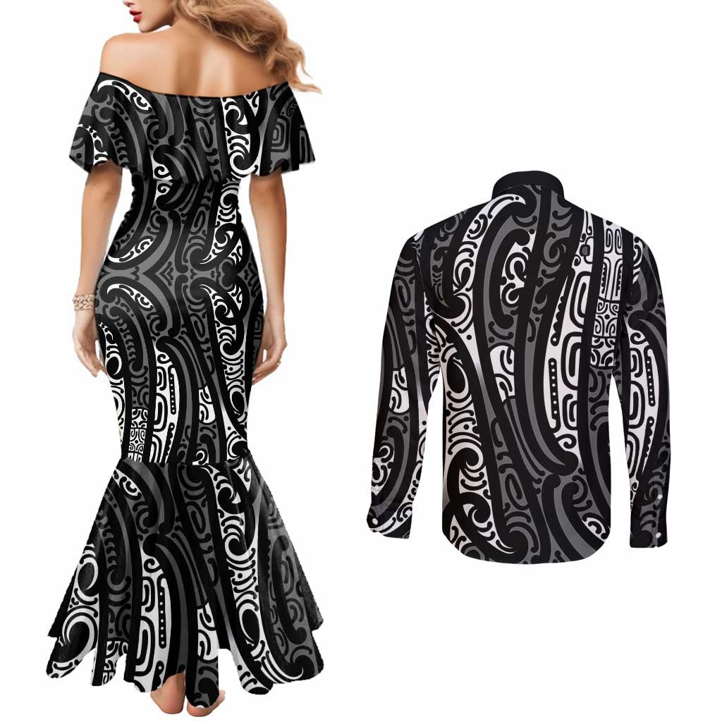 New Zealand Maori Taniko Couples Matching Mermaid Dress and Long Sleeve Button Shirt Black Kowhaiwhai Puhoro