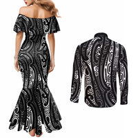 New Zealand Maori Taniko Couples Matching Mermaid Dress and Long Sleeve Button Shirt Black Kowhaiwhai Puhoro
