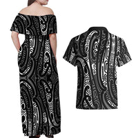 New Zealand Maori Taniko Couples Matching Off Shoulder Maxi Dress and Hawaiian Shirt Black Kowhaiwhai Puhoro
