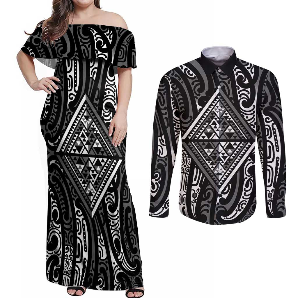 New Zealand Maori Taniko Couples Matching Off Shoulder Maxi Dress and Long Sleeve Button Shirt Black Kowhaiwhai Puhoro