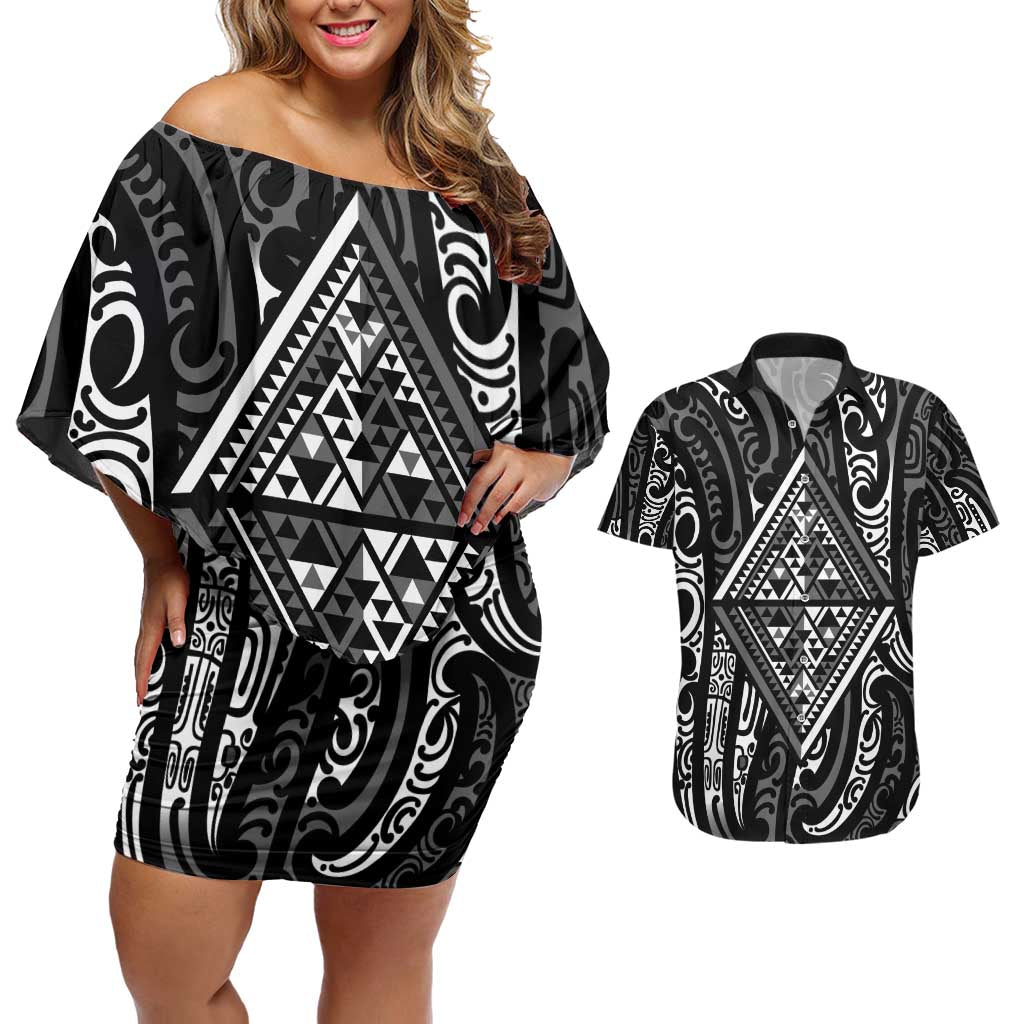 New Zealand Maori Taniko Couples Matching Off Shoulder Short Dress and Hawaiian Shirt Black Kowhaiwhai Puhoro