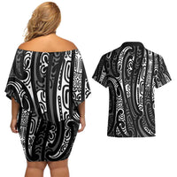 New Zealand Maori Taniko Couples Matching Off Shoulder Short Dress and Hawaiian Shirt Black Kowhaiwhai Puhoro
