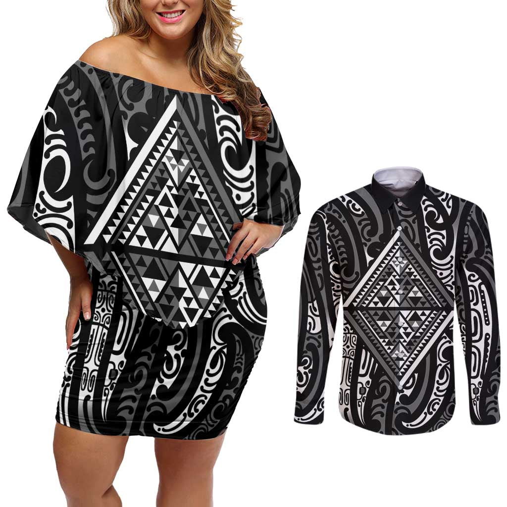New Zealand Maori Taniko Couples Matching Off Shoulder Short Dress and Long Sleeve Button Shirt Black Kowhaiwhai Puhoro