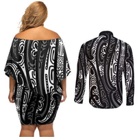 New Zealand Maori Taniko Couples Matching Off Shoulder Short Dress and Long Sleeve Button Shirt Black Kowhaiwhai Puhoro