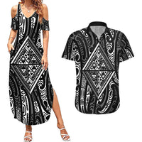 New Zealand Maori Taniko Couples Matching Summer Maxi Dress and Hawaiian Shirt Black Kowhaiwhai Puhoro