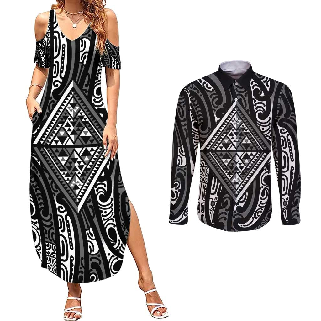 New Zealand Maori Taniko Couples Matching Summer Maxi Dress and Long Sleeve Button Shirt Black Kowhaiwhai Puhoro