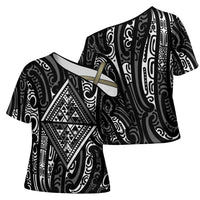 New Zealand Maori Taniko Cross Shoulder Shirt Black Kowhaiwhai Puhoro LT9 - Polynesian Pride