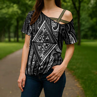 New Zealand Maori Taniko Cross Shoulder Shirt Black Kowhaiwhai Puhoro LT9 - Polynesian Pride