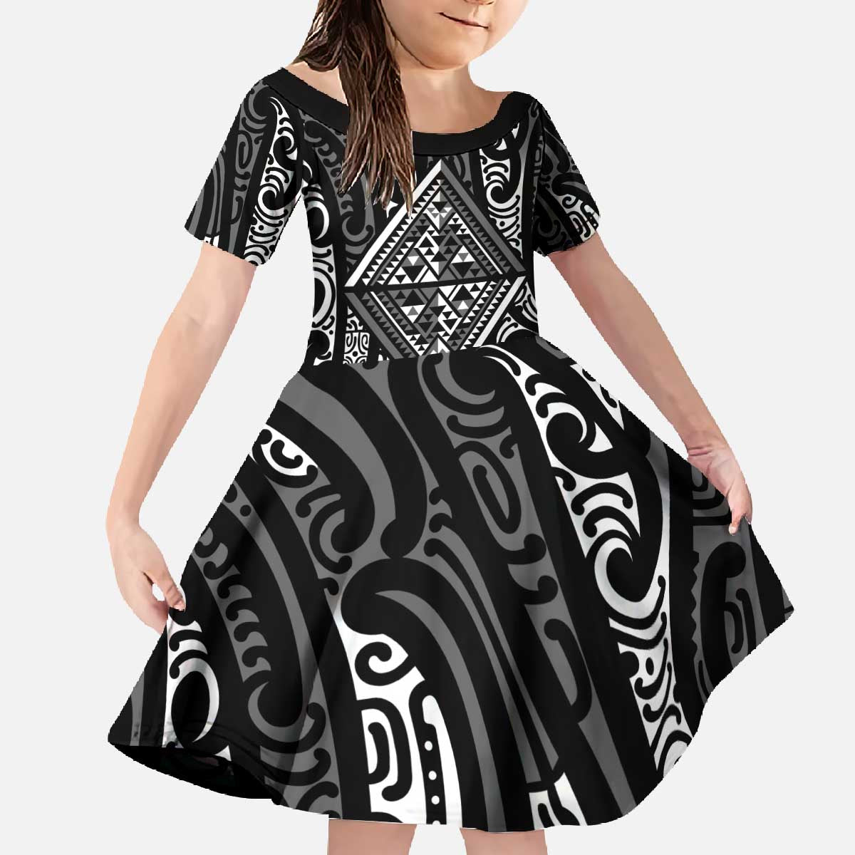 New Zealand Maori Taniko Family Matching Off The Shoulder Long Sleeve Dress and Hawaiian Shirt Black Kowhaiwhai Puhoro